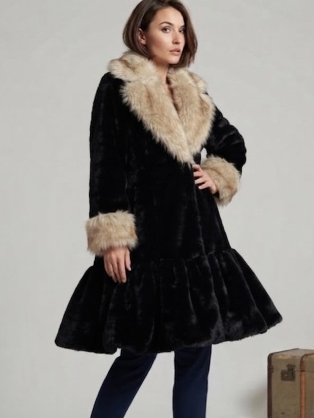 Luxurious Black Faux Fur Coat with Tan Accents